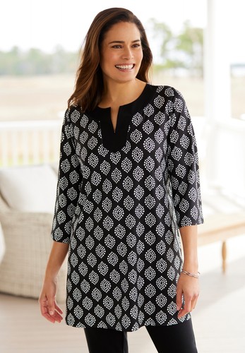 Woman Within Plus Size Contrast Notch-Neck Three-Quarter Sleeve Knit Tunic - Picture 3 of 17