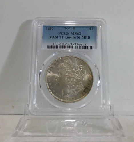 TOP 100!  1886-P  MORGAN "VAM-21 Line In M MPD" Silver Dollar, PCGS MS-62!
