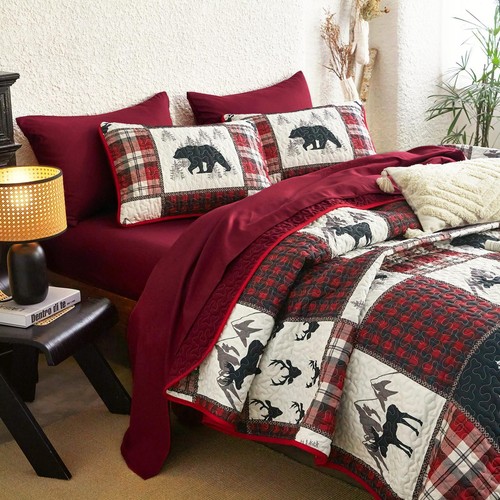 - Rustic Quilt Set, Cabin Lodge Christmas Bear Moose Deer Woodland Western Pa... - Picture 3 of 7
