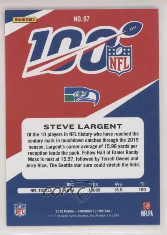 2019 Panini Chronicles NFL 100 Blue /99 Steve Largent #87 HOF - Image 2 of 2