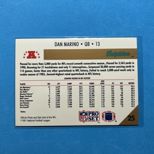 1991 Pro Set NFL Dan Marino Miami Dolphins #25 - Picture 2 of 2