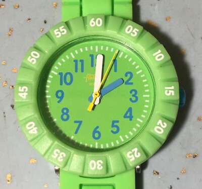 2019 FLIK FLAK SWISS WATCH SOLO GREEN w/AZURE BLUE HIGHLIGHTS NO BOX