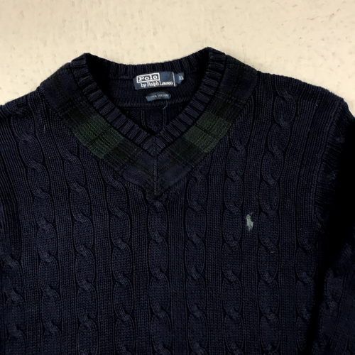 VINTAGE Polo Ralph Lauren Sweater Adult XL Blue Tartan Cricket Sweater Cable 90s - Foto 2 di 9