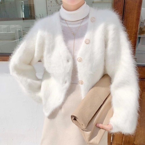 Korea Warm Faux Mink Velvet Fur Lantern Sleeve Cardigan Sweater Jacket Womens - Picture 4 of 27