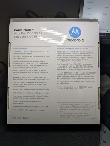 Motorola MB8600 DOCSIS 3.1 High-Speed Cable Modem & Cables - Picture 7 of 8