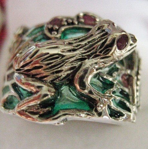 Art Nouveau Marcasite Ruby Frog Cocktail Ring Sterling Silver Plique a Jour M ½ - Picture 2 of 11