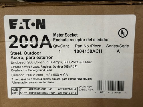NEW Eaton 1004138ACH 3 Phase 200 Amp Meter Socket Base 7 Jaw Ringless NEMA 3R - Picture 6 of 6