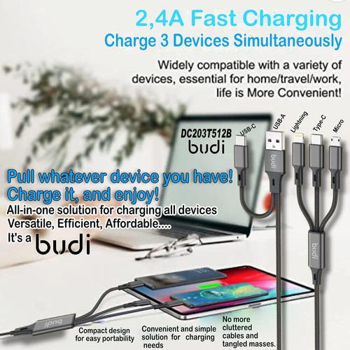 Budi 6-in-1 Universal Multi Charging Cable - USB A/C to APPLE CABLE/Micro USB - Picture 7 of 8