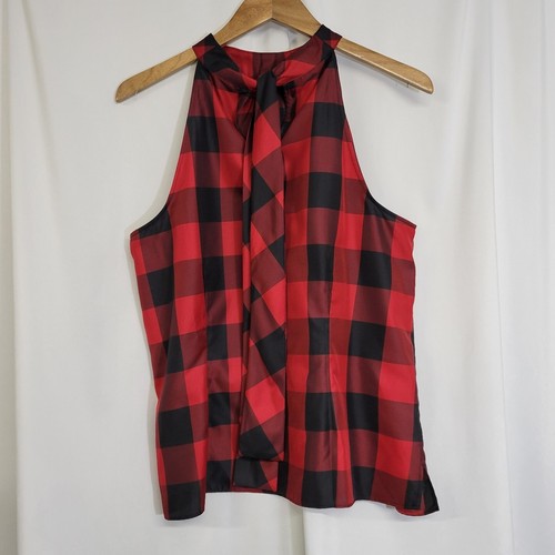Talbots Petites Red Black Buffalo Plaid High Neck Sleeveless Blouse Size 16P NWT - Picture 4 of 7
