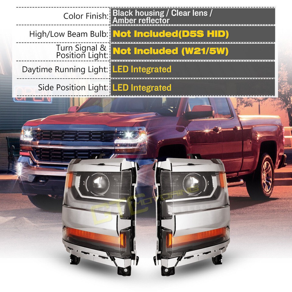 Chrome Projector Headlight Assembly For 2016-2018 Chevy Silverado 1500 HID/Xenon