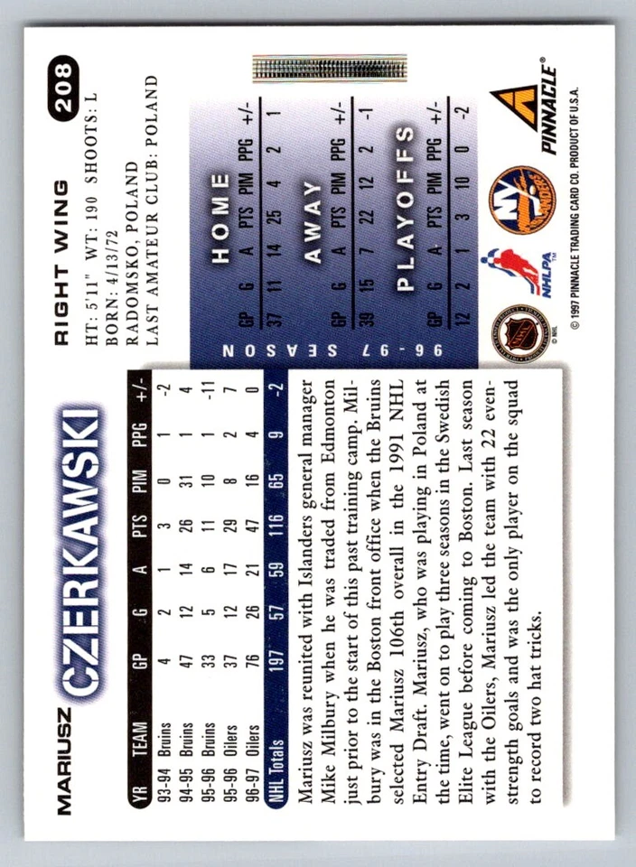 1997-98 Score #208 Mariusz Czerkawski - Image 2 of 2