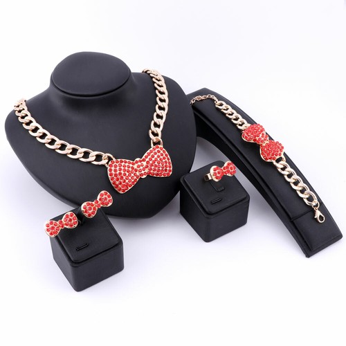 Collana fiocco strass placcato oro 18 carati moda donna set gioielli festa matrimonio - Foto 24 di 39