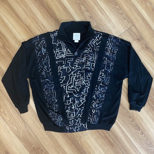 Vintage 80s Adidas Sweatshirt Adult M/L Haring Abstract Silver Print Pullover