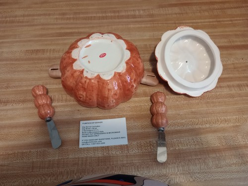 NEW Pumpkin Dip Server Bowl & 2 spreaders porcelain microwave safe - Imagen 4 de 4
