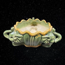 Majolica Art Pottery Green Triple Elephant Triangle Planter 2.5”T 6”W