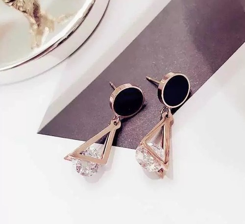 Fashion Rose Gold CZ Triangle and Circle Titanium Stainless Steel Stud Earring - Picture 3 of 4