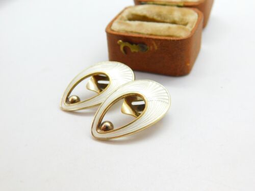 Danish Jemax Sterling Silver White Guilloche Enamel Clip-On Earrings c1940 - Picture 2 of 6