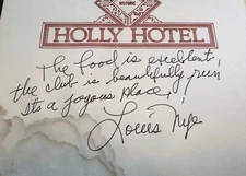 1987 LOUIS NYE Signed MENU COVER Vintage Autographed Signature Holly Hotel