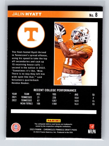 2023 Panini Draft Picks JALIN HYATT #8 PINNACLE RC  TENNESSEE - Picture 2 of 2
