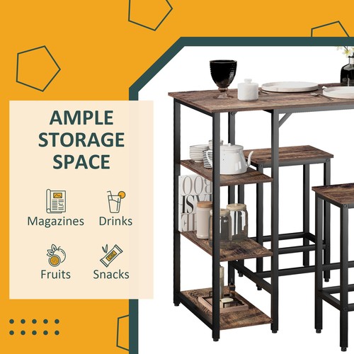 Bar Height Dining Table Set With 2 Stools & Side Shelf 3 Pieces Bar Set - Picture 6 of 11