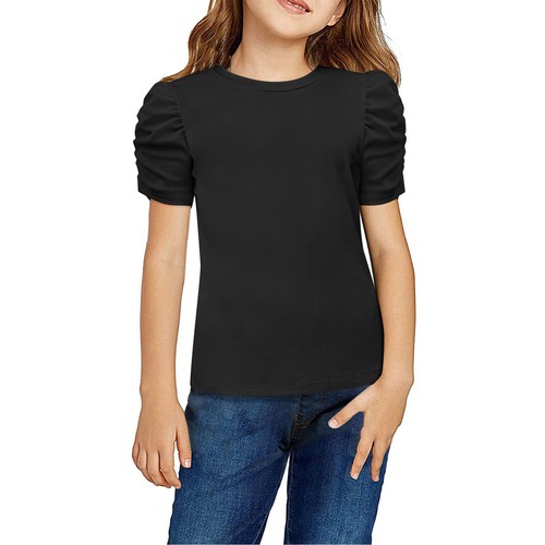 Girls Puff Short Sleeve Shirts Summer Ribbed Knit Crewneck T Shirt Tops Blouse - Picture 21 of 43