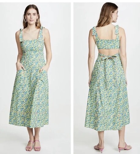$375 Cinq A Sept Floral Print Perla Maxi Dress 00 Green Blue Pink Bow XS - Picture 5 of 21