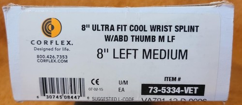 Corflex 8" Wrist Brace Hook & Loop Splint Support w Abducted Thumb - Left Medium - Picture 2 of 10