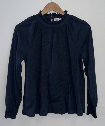Faherty Black Ruffle Mock Neck Floral Embroidered Mila Cotton Blouse Size M - Picture 2 of 5