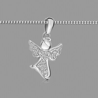 FACHHANDEL-DIREKT Engel Anhänger Kette mit Herz Engelflügel Zirkonia Steine weiß Echt Silber 925