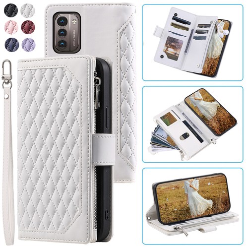 Luxury Rhombic Leather Wallet Case Zipper Flip Card Phone Case For Nokia G21 - Picture 4 of 44