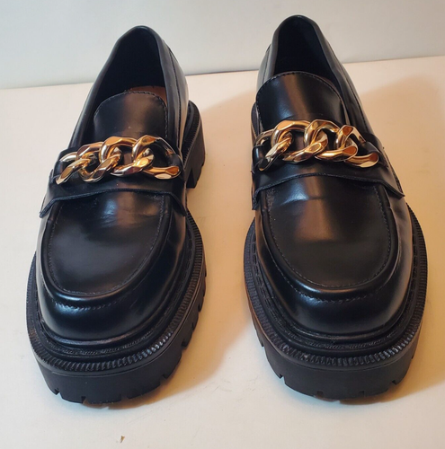 H&M schwarze Kette Leder Slipper Preppy Chunky Plateau Halbschuhe Schuhe Gr. 38 US 7 - Bild 1 von 10