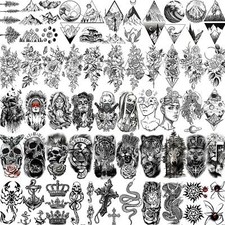 52 Sheets Black Skull Temporary Tattoos For Men Women Arm Neck Tatoos, 3D NEW