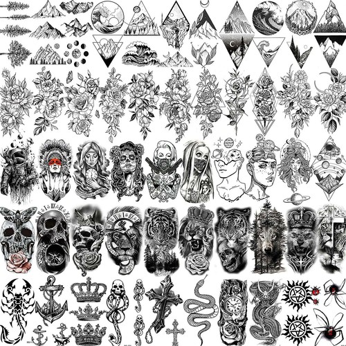 52 Sheets Black Skull Temporary Tattoos For Men Women Arm Neck Tatoos, 3D NEW - Afbeelding 1 van 12