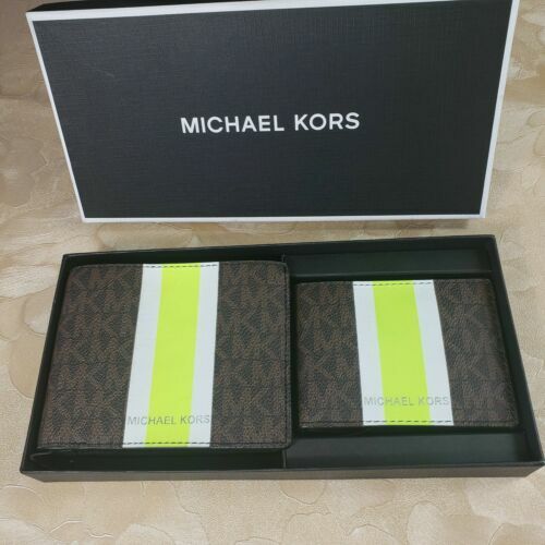 Coffret portefeuille Michael Kors porte-billets marron vert fluo logo 36H1LGFF1B NEUF DANS SA BOÎTE F Y - Photo 12/12