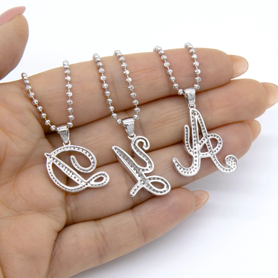 1" Circonita Cúbica Cursiva Inicial Luna Cuenta Bola Cadena Plata de Ley 925 - Imagen 2 de 4