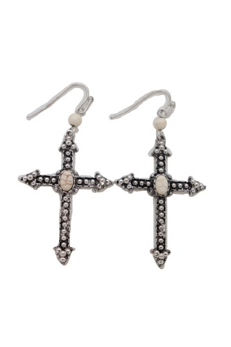 Women Vintage Silver Metal Earrings Set Christian Rustic Pointy Cross White Bead - Picture 9 of 12