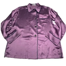 ARAKS Womens Purple Black Piping Button Up 100% Silk Pajama Top Size Medium