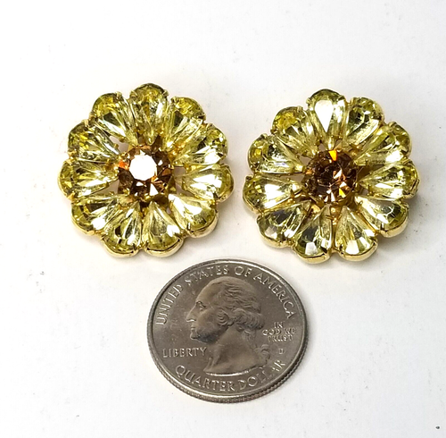 Flower Clip Earrings Yellow Topaz Rhinestone Unsigned Designer High-End Vintage - Picture 4 of 5