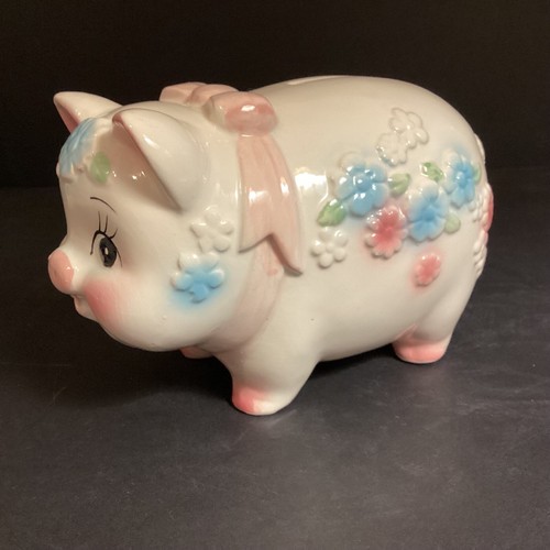 Vintage Made in Japan Floral Ceramic Piggy Bank Treasure Masters Pink Bow