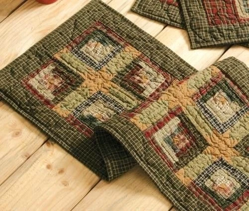 Country Style Table Runner Hand-Quilted Tea Stain and Green Patchwork Tea Cabin - Image 2 of 4