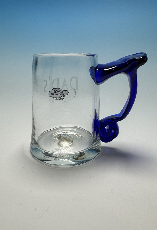Signed Blenko Glass Beer Stein Mug “DAD’S” Crystal & Blue Father’s Day