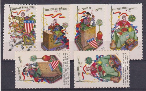 E3533: (6) 1940's Arthur Szyk Four Freedoms Labels
