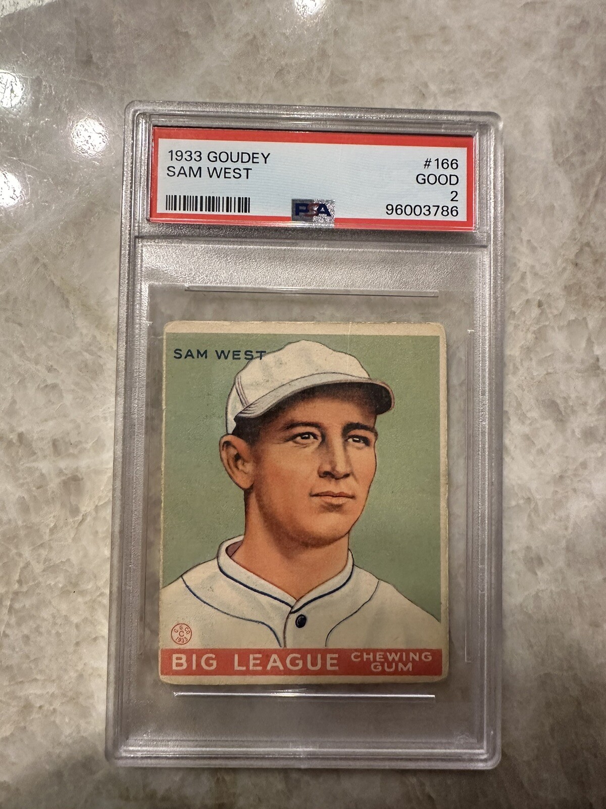 SAM WEST 1933 GOUDEY BIG LEAGUE ROOKIE BROWNS Vintage Card #166 RC PSA 2
