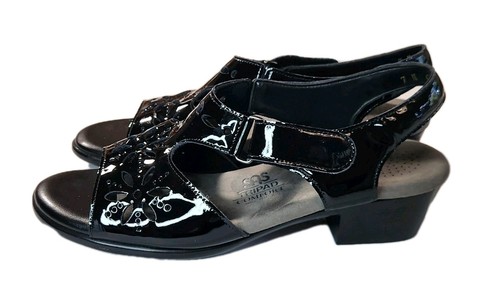 SAS Sunburst Black Patent Leather Sandals Sz 7 Comfort Tripad Heel Strap Floral - Picture 2 of 10