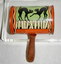 VINT. 1950's ’T. COHN’ HALLOWEEN TIN CAN NOISE MAKER RATTLE-BLACK CATS,MOON,BATS