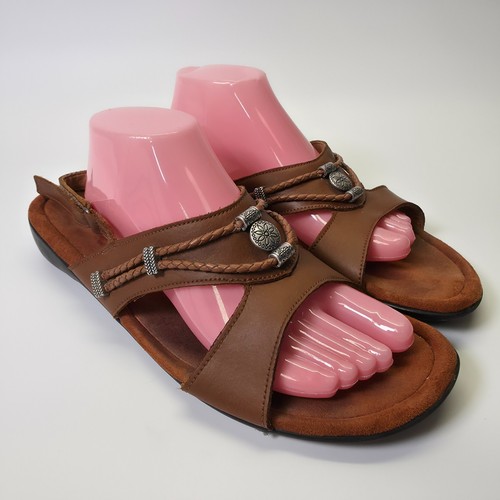 Sandalias Minnetonka Mujer 13M Cuero Marrón Plateado Adornado Trenzado Cordones - Imagen 2 de 18