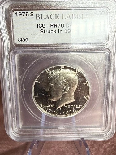 1976-S Kennedy 50c PR70 DCAM Black Label - High Value Coin - Struck in 1975