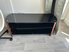Black/Brown Rectangular TV Stand with Glass Top, Wood Sides, Open 1 Shelf