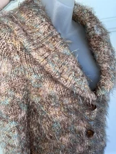 Anthropologie Hand Knit By Dollie Taupe Fuzzy Cardigan Cowl Neck Sweater Small