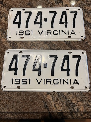 Slightly Used 1961 PAIR License Tags Plates #474-747 Va.